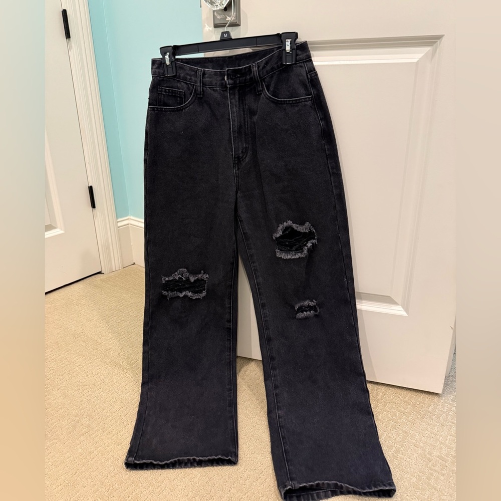 Cider Black Distressed Wide-Leg Jeans